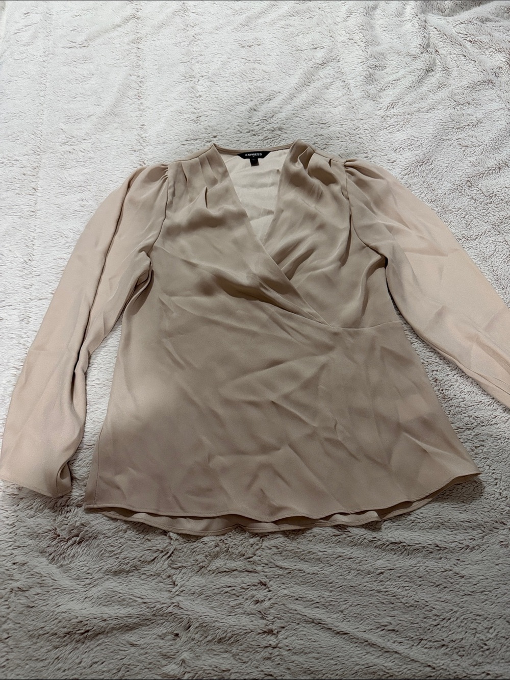 Express Sheer Long-Sleeve Wrap Blouse in Beige